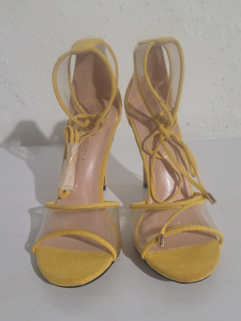 Shoe Republica Yellow Lace-Up Clear Strap High Heel Sandals